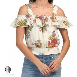 House Of Harlow 1960 Helena Ivory Floral Print Off Shoulder Ruffle Blouse M
